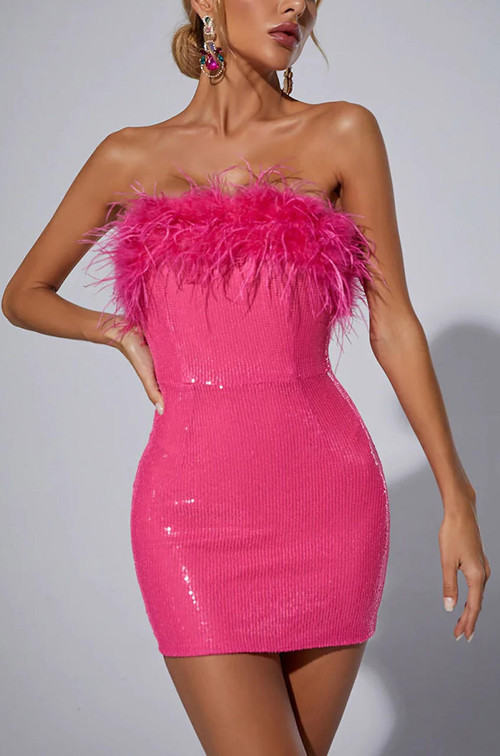 Tori Sequin Bandeau Feather-Trim Mini Dress