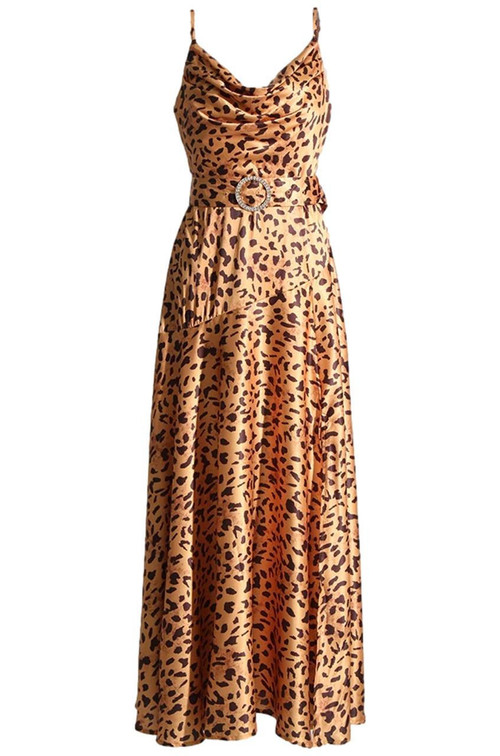 drop-waist Cheetah Print Satin Belted Maxi Dress