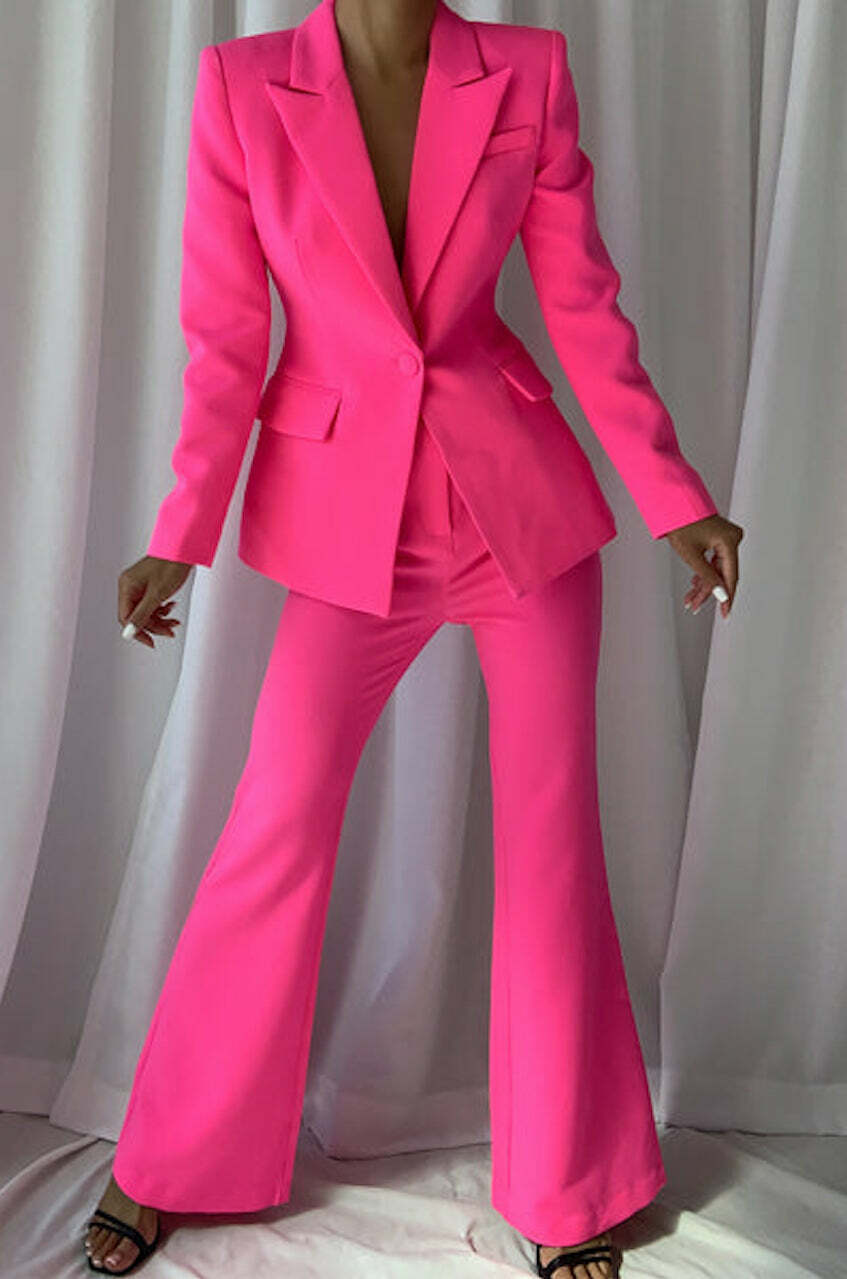 Hot Pink 2-piece Suit Set for Women, Raspberry Pink Pantsuit With Belted  Blazer and Wide Leg Pants High Rise, Pink Blazer Trouser Set 