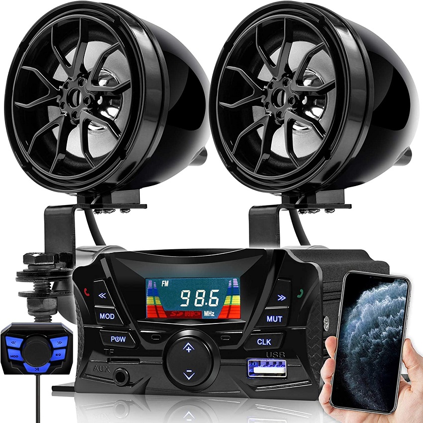 Go-Hawk Gen.3 Motorcycle Weatherproof Bluetooth Speakers 7/8-1.25 in. Handlebar Mount MP3 Music Player Sound Audio Stereo Amplifier System ATV UTV w/AUX, USB, Micro SD, FM Radio, 2-Speaker