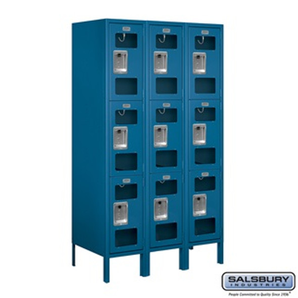 See-Through Metal Locker - Triple Tier 3 Wide 5 Feet High 18 Inches Deep Blue Unassembled