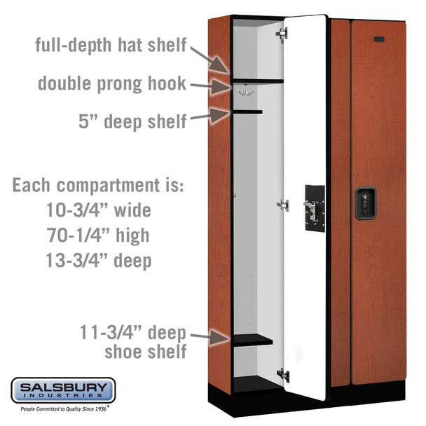 Salsbury 12" Wide Single Tier Designer Wood Locker - 1 Wide - 5 Feet High - 15 Inches Deep - Mahogany - Black Electronic Locks