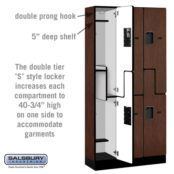 Salsbury 12" Wide Double Tier 'S' Style Designer Wood Locker - 3 Wide - 5 Feet High - 15 Inches Deep - - Hasps