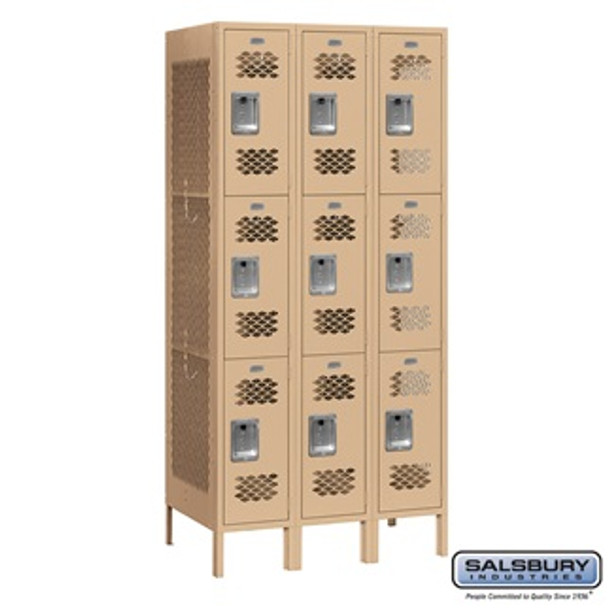 Vented Metal Locker - Triple Tier 3 Wide 6 Feet High 18 Inches Deep Tan Assembled