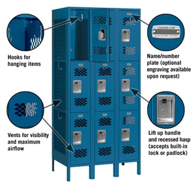 Vented Metal Locker - Triple Tier 3 Wide 6 Feet High 18 Inches Deep Blue Assembled