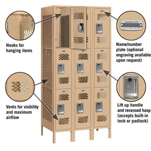 Vented Metal Locker - Triple Tier 3 Wide 6 Feet High 18 Inches Deep Tan Assembled