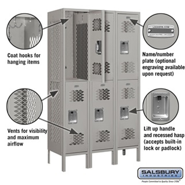 Vented Metal Locker - Double Tier 3 Wide 5 Feet High 15 Inches Deep Gray Assembled