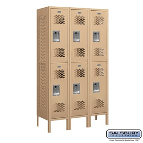 Vented Metal Locker - Double Tier 3 Wide 5 Feet High 15 Inches Deep Tan Unassembled