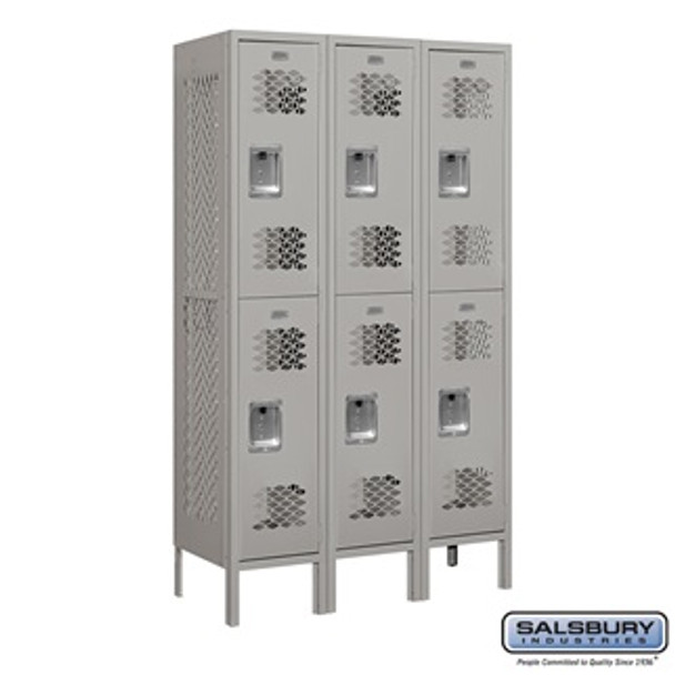 Vented Metal Locker - Double Tier 3 Wide 5 Feet High 15 Inches Deep Gray Unassembled