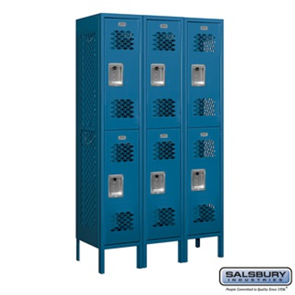 Vented Metal Locker - Double Tier 3 Wide 5 Feet High 15 Inches Deep Blue Unassembled