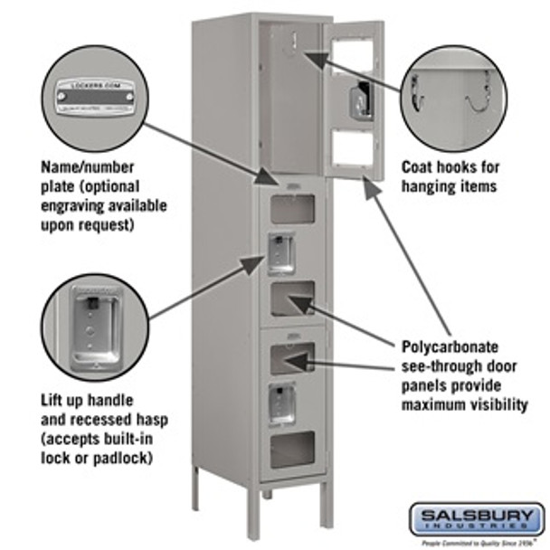 See-Through Metal Locker - Triple Tier 1 Wide 5 Feet High 15 Inches Deep Gray Assembled