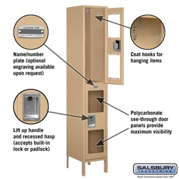 Extra Wide See-Through Metal Locker - 1 Double Tier 6 Feet High 15 Inches Deep Tan U