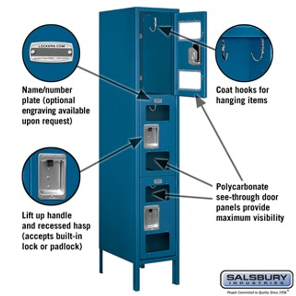 See-Through Metal Locker - Triple Tier 1 Wide 5 Feet High 18 Inches Deep Blue Assembled