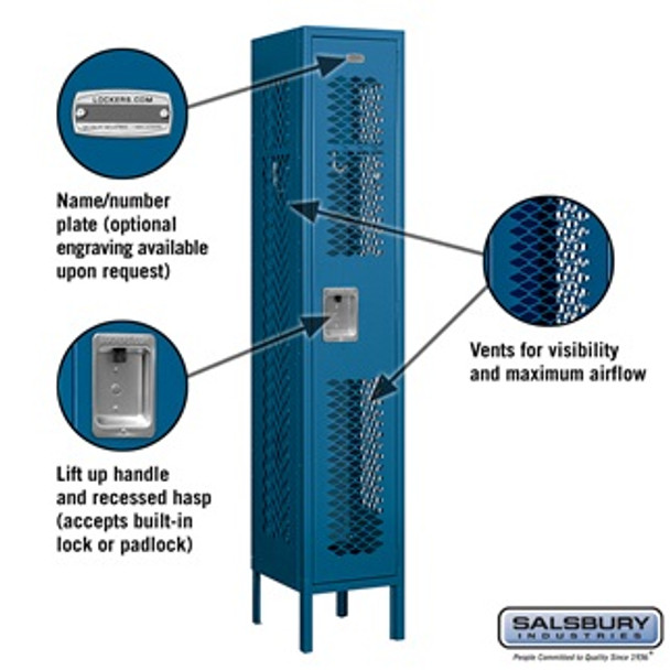 Vented Metal Locker - Single Tier 1 Wide 5 Feet High 12 Inches Deep Blue Assembled