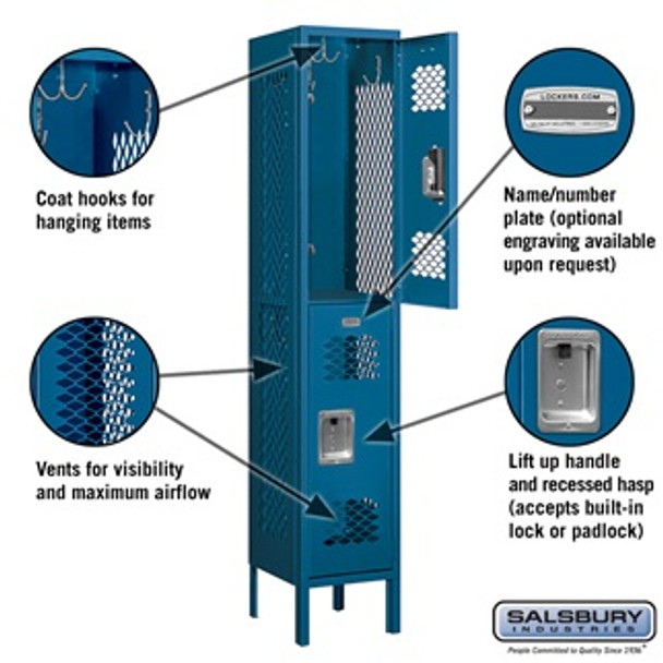 Vented Metal Locker - Double Tier 1 Wide 5 Feet High 12 Inches Deep Blue Unassembled