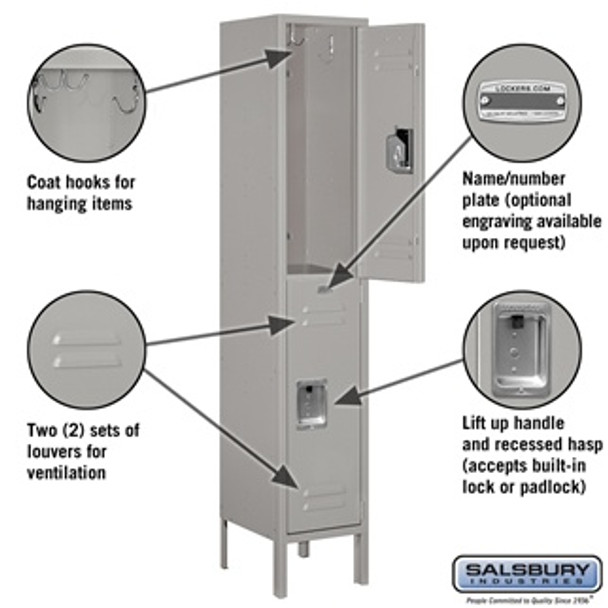 Standard Metal Locker - Double Tier 1 Wide 5 Feet High 12 Inches Deep Gray Assembled