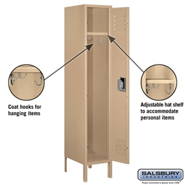 Standard Metal Locker - Single Tier 1 Wide 5 Feet High 15 Inches Deep Tan Unassembled