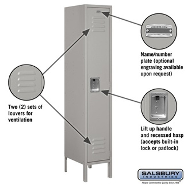 Standard Metal Locker - Single Tier 1 Wide 5 Feet High 15 Inches Deep Gray Assembled