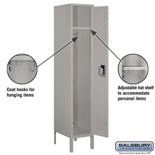 Standard Metal Locker - Single Tier 1 Wide 5 Feet High 15 Inches Deep Gray Assembled