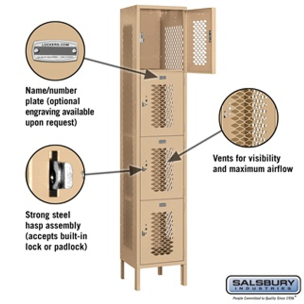 Extra Wide Vented Metal Locker - Four Tier 1 6 Feet High 15 Inches Deep Tan Unassembl