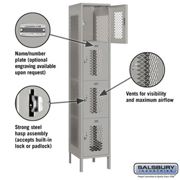 Extra Wide Vented Metal Locker - Four Tier 1 6 Feet High 18 Inches Deep Gray Unassemb