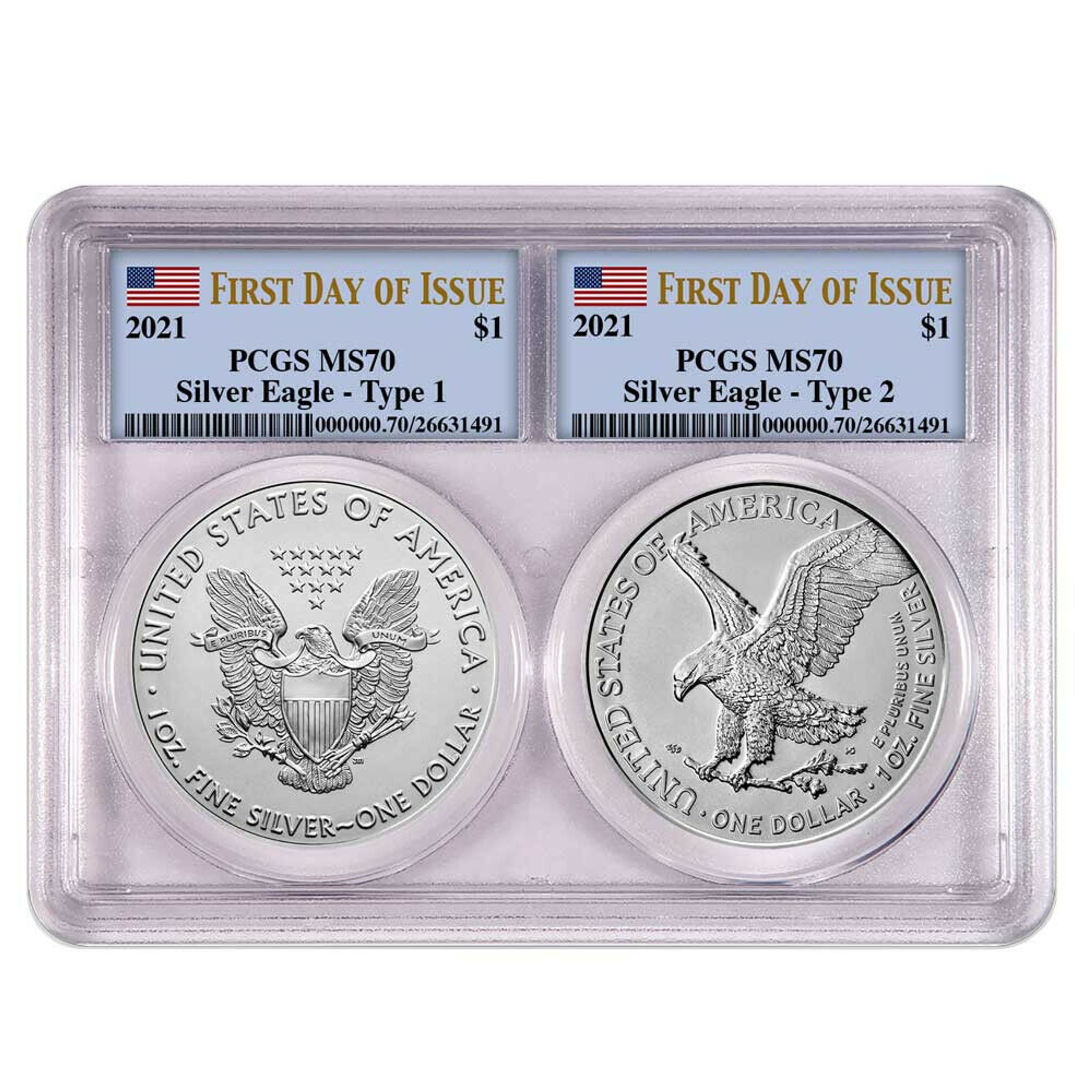 2021 2Coin slab Silver Eagle Type 1 & 2 MS70 PCGS flag First Day of