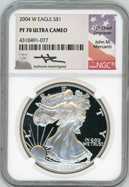 1986 S $1 Proof Silver Eagle PF 70 NGC Ultra Cameo Mercanti Signed