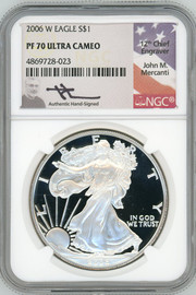 1986 S $1 Proof Silver Eagle PF 70 NGC Ultra Cameo Mercanti Signed