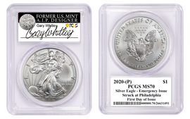 2020-(P) Silver Eagle PCGS MS70 Emergency Issue Struck at Philadelphia FDOI G Whitley