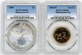 2000 Millennium Coin & Currency Set $1 ASE MS69/ $1SAC  MS66 PCGS