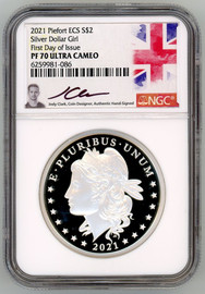 2021 Silver Dollar Girl $2 Piefort ECS PF70 NGC Ultra Cameo FDOI Jody Clark Great Britain flag