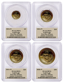 2024 4-Coin Proof Gold Eagle Set ($5, 10, 25, 50) PR70 PCGS FDOI T. Cleveland Art Deco