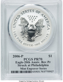 2006-P Rev. PR70 PCGS Eagle 20th Anniversary Struck at Philadelphia Mint Engravers Series flag Mercanti