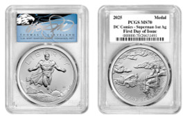 2025-P Silver 1oz. Ag DC Comics- Superman Medal MS70 PCGS FDOI T. Cleveland blue eagle 2025-P Silver 1oz. Ag DC Comics- Superman Medal MS70 PCGS FDOI T. Cleveland blue eagle