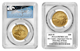 2025-W $50 Proof Gold 1/2oz. AU Superman PF70 PCGS FDOI T. Cleveland blue eagle 2025-W $50 Proof Gold 1/2oz. AU Superman PF70 PCGS FDOI T. Cleveland blue eagle