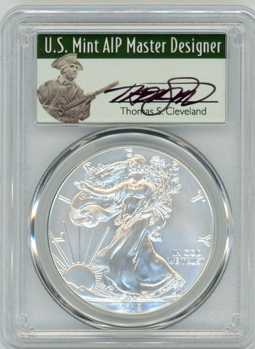 2018-W Burnished Silver Eagle SP70 PCGS First Day of Issue T CLeveland Master Designer Label