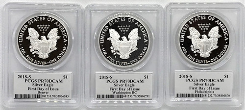 2018-S Proof Silver Eagle 3-Coin City set PR70 PCGS FDOI Denver, Phili, Wash D.C. Mercanti signed