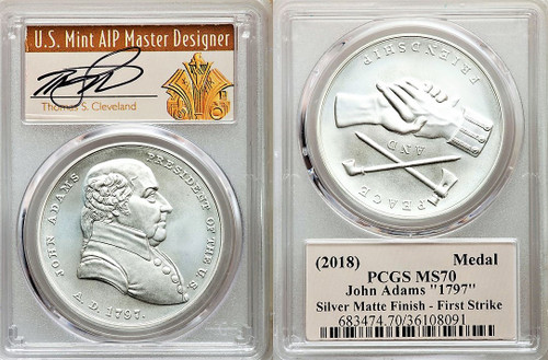 2018 John Adams 1oz Silver MS70 PCGS Medal First Strike T. Cleveland Art Deco *Pop 85*