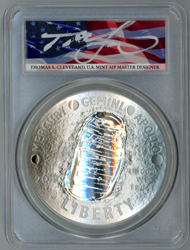 2019-P $1 5oz Silver Apollo 11 50th Anniv PR70 PCGS T. Cleveland flag