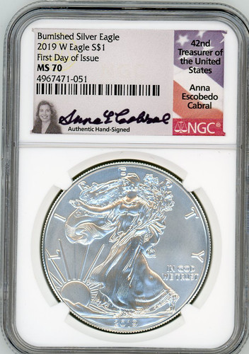 2019 W $1 Burnished Silver Eagle MS70 NGC FDOI A Cabral