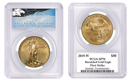 2019-W $50 Burn Gold Eagle SP70 PCGS First Strike T. Cleveland blue eagle