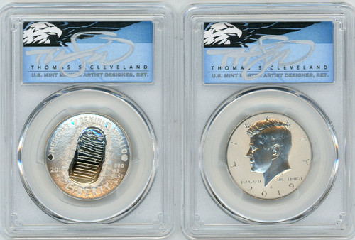 2019-S 50C 2-Coin Half Dollar Set Apollo 11 50th Anniv PR70 & Kennedy Enh Rev PR70 PCGS FDOI T. Cleveland blue eagle