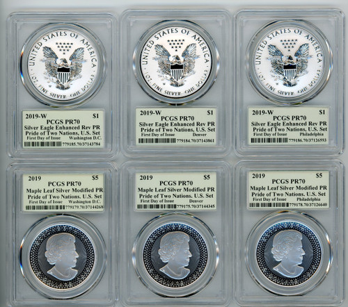 2019 6PC Pride of Two Nations, U.S. Set 3-coin City Set PCGS RPR70/PR70 FDOI DC, Denver, Phili T. Cleveland Minuteman label