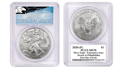 2020-(P) Silver Eagle PCGS MS70 Emergency Issue Struck at Philadelphia FDOI T Cleveland Blue Eagle