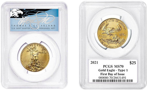 2021 $25 Gold Eagle MS70 PCGS Type 1 FDOI T. Cleveland blue eagle