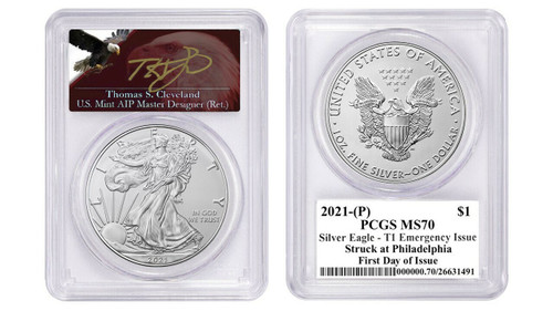 2021-(P) ASE MS70 Emergency Issue PCGS Type 1 FDOI T. Cleveland Angry Eagle POP 25