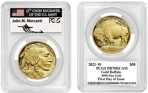 2021-W $50 Proof Gold Buffalo PR70 PCGS FDOI J Mercanti