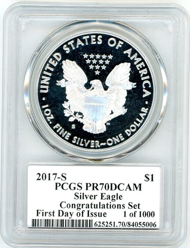 2017-S $1 Proof Silver Eagle PR70 PCGS Congratulations Set FDOI J Mercanti 1 of 1000