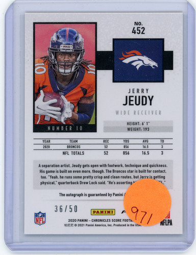 2020 Panini Chronicles Score Jerry Jeudy Denver Broncos Rookie Autograph 36/50
