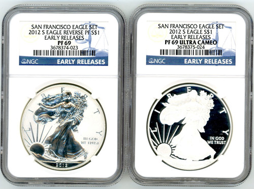 2012 S ASE 2-coin Rev. PF/PF69 NGC Ultra Cameo San Francisco Eagle Set Early Release label